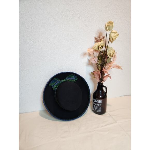 Vintage Betmar Wool Felt Hat USA Black Plaid Ribbon Boater Style 100% Wool - Picture 2 of 7